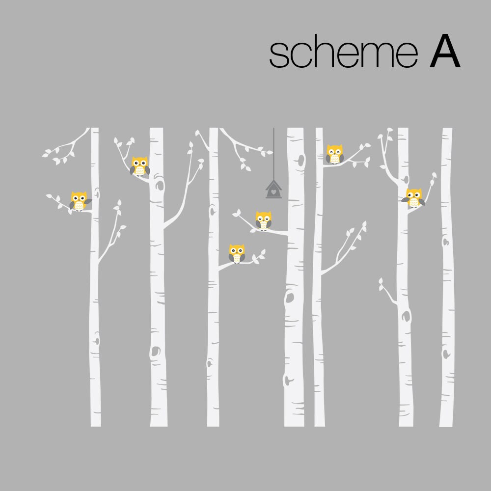 Simple Shapes Birch Tree With Owl Wall Decal - 96" Tall, White Tree, Grey & Yellow Owls, Matte Vinyl - View #7