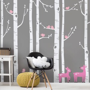 Birch Tree Wall Decal, Birch Trees, Birch Trees Vinyl, Birch Forest with Deer and Birds for Birch Nursery, Kids or Childrens Room W1114 Scheme B