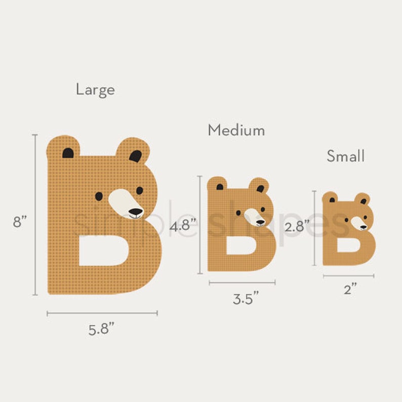May include: Three brown letter "B" shapes with bear faces in varying sizes: 8" x 5.8", 4.8" x 3.5", and 2" x 2.8". Each letter has a white snout, black eyes, and a dotted texture.