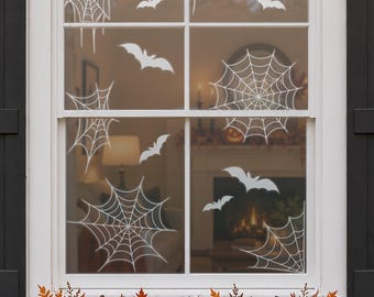 Halloween Window Stickers, Spider Web and Bat Stickers, Removable Reusable White Window Decor for Front Door and Windows