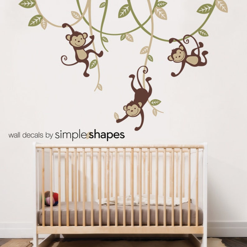 Monkey Decals 3 Monkeys Swinging From Vines Wall Decal Kids Etsy