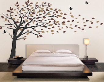 Vinyl Wall Art Decal Sticker - Blowing Leaves Tree - LARGE - Scheme B