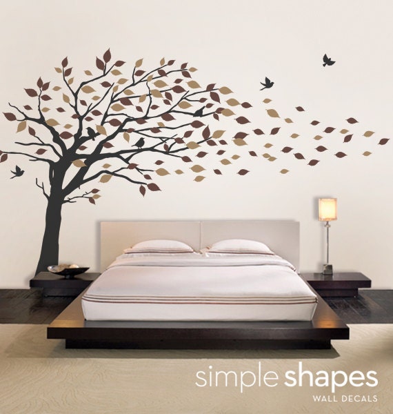 Vinyl Wall Art Decal Sticker Blowing Leaves Tree LARGE Scheme B