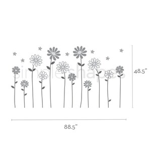 May include: A gray and white daisy flower wall decal with 12 flowers and 10 stars. The decal measures 88.5 inches wide and 48.5 inches tall.