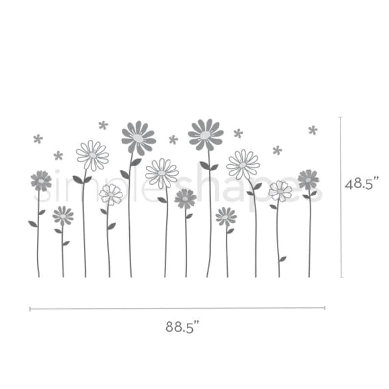 May include: A gray and white daisy flower wall decal with 12 flowers and 10 stars. The decal measures 88.5 inches wide and 48.5 inches tall.