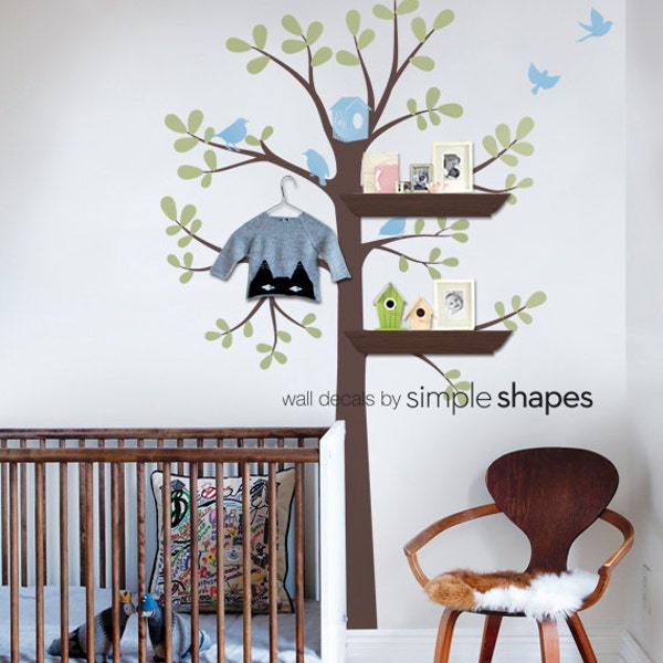 Tree Wall Decal - Shelving Tree Decal with Birds - Three Colors