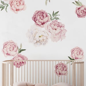 Peony Flowers Wall Sticker, Mixed Pink Watercolor Peony Wall Stickers Peel and Stick Removable Stickers LARGE SET image 3