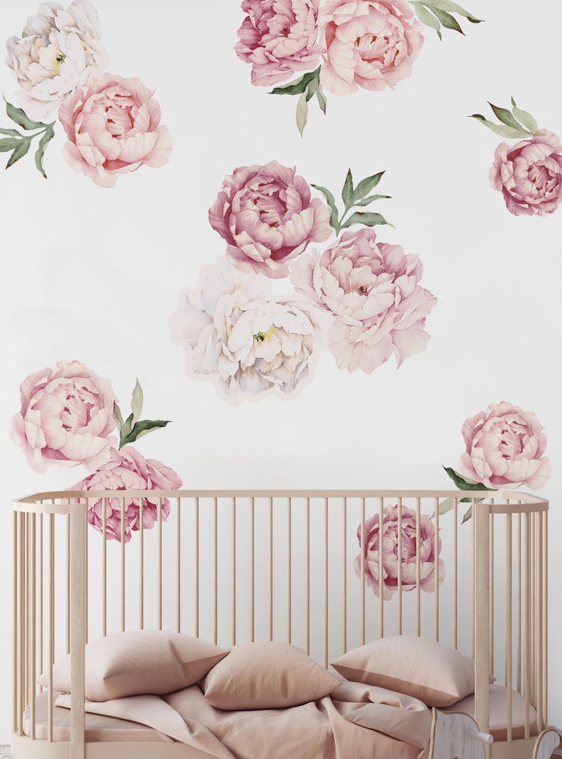 Peony Flowers Wall Sticker, Mixed Pink Watercolor Peony Wall Stickers Peel and Stick Removable Stickers LARGE SET imagem 3