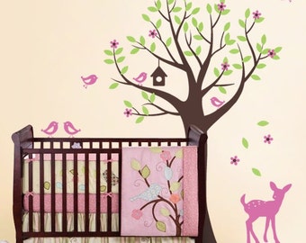 Nursery Wall Decals - Tree with Birds and Fawn