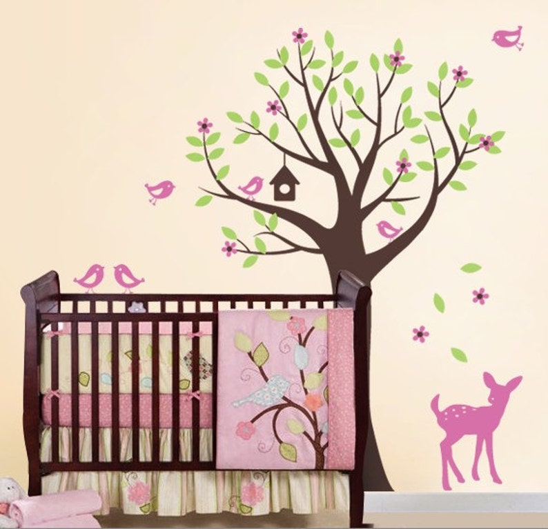 Nursery Wall Decals Tree With Birds and Fawn Etsy