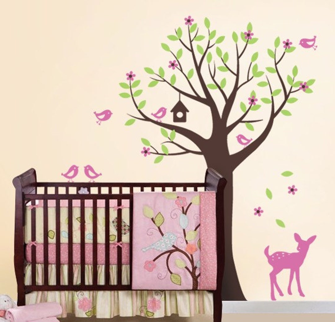 Kids Wall Decals - Tree With Birds and Fawn Decal Set - Nursery Vinyl ...