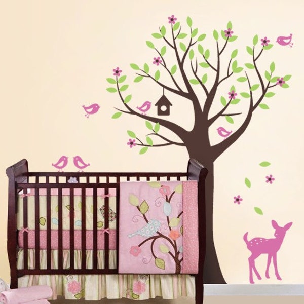 Kids Wall Decals - Tree with Birds and Fawn Decal Set - Nursery Vinyl Wall Decal Art