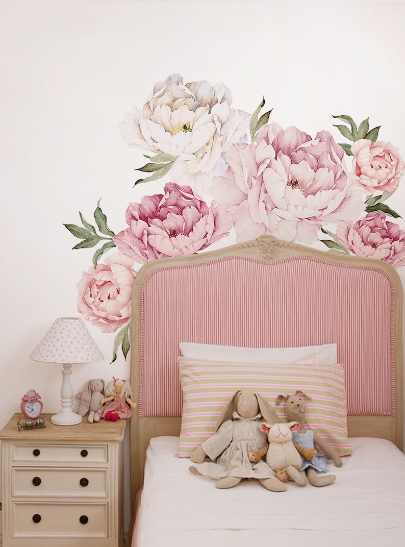 Peony Flowers Wall Sticker, Mixed Pink Watercolor Peony Wall Stickers Peel and Stick Removable Stickers image 4