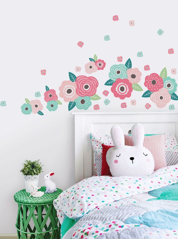adesivo da parete fiori bianco, rosa e verde - accessoires
