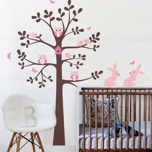 Wall Decal Nursery, Tree wall decal, Tree with animals, Easter Bunny Decal Owl Rabbit Bird Tree Wall Decal Scheme C