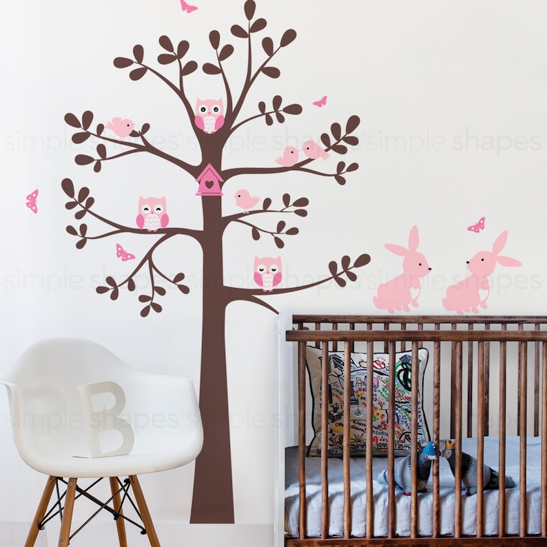 Wall Decal Nursery, Tree wall decal, Tree with animals, Easter Bunny Decal Owl Rabbit Bird Tree Wall Decal Scheme C