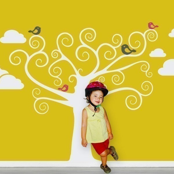 Tree with Cute Birds Decal - Swirly Tree - Kids Vinyl Wall Sticker