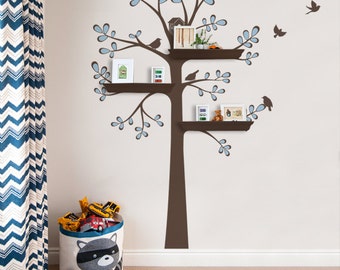 Calcomanías de pared Decoración de la guardería del bebé: Árbol de estanterías de nuevo estilo de formas simples - Adhesivo de pared de la guardería Árbol de decoración con estantes Hojas de contorno