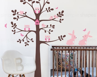 Tree wall decal with animals - Owl Rabbit Bird Tree Wall Decal - Shelving tree decal - wall decal - baby nursery decal