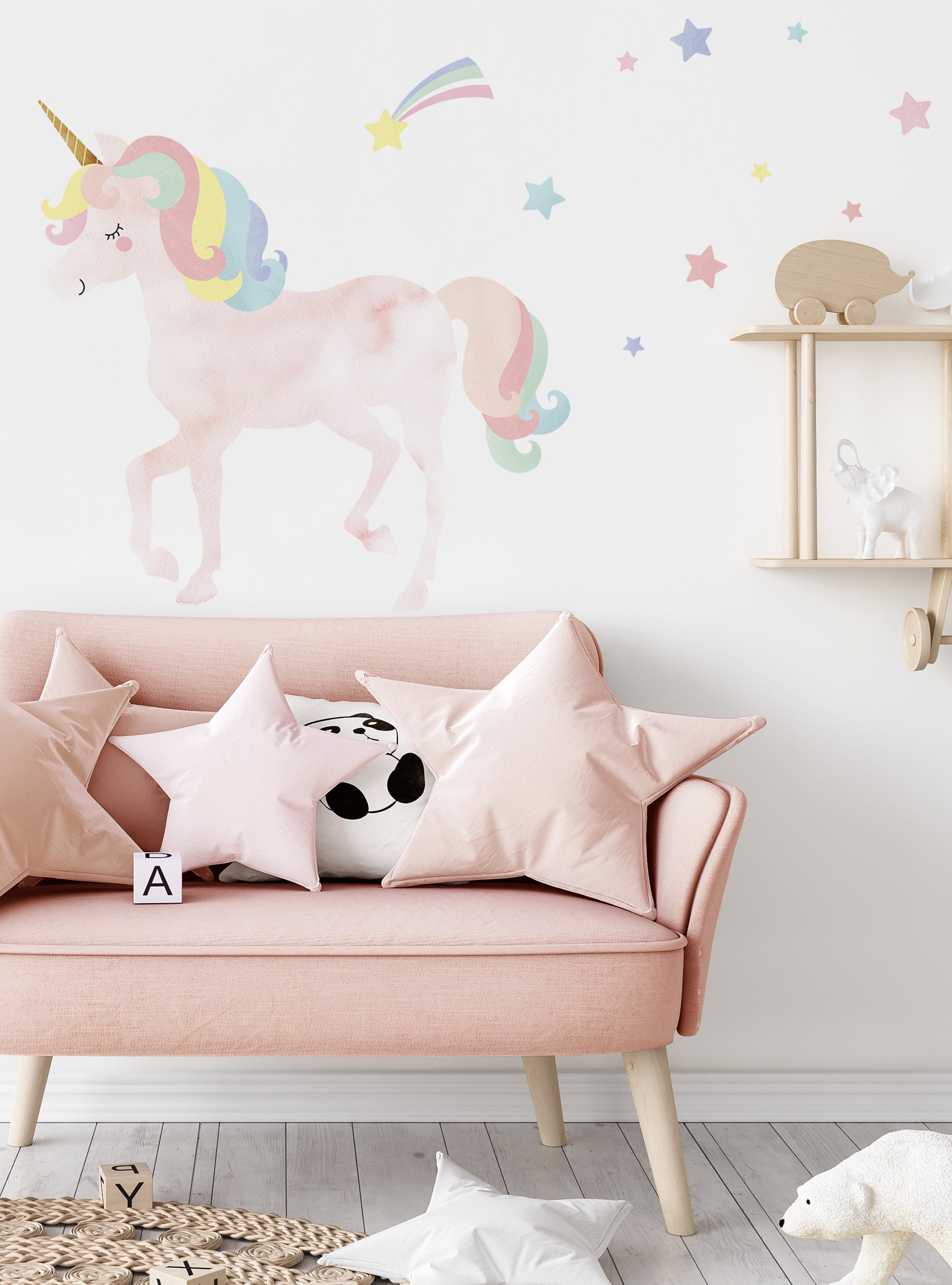 Watercolor Twinkling Unicorn With Stars Wall Sticker Pink - Etsy