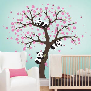 Calcomanía de pared de panda y árbol de cerezo en flor, calcomanía de pared de panda, árbol en flor para habitación de bebé, niños o niños