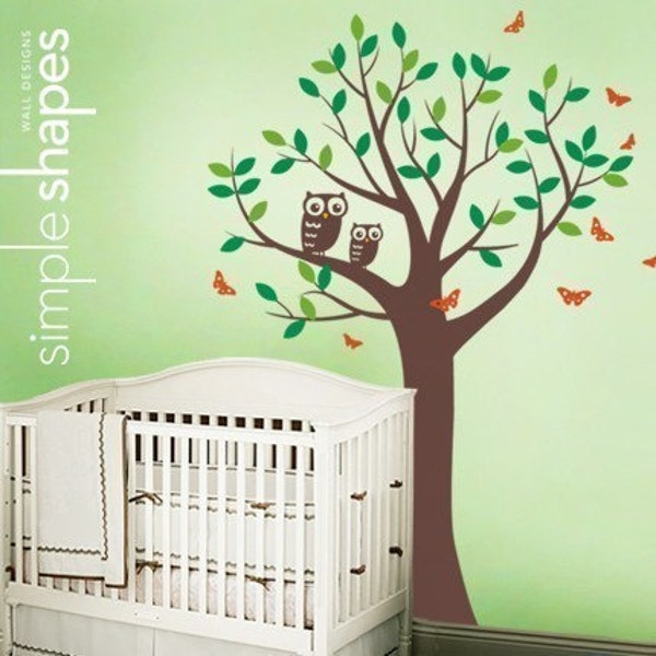 Tree with Two Owls and Butterflies Decal Set - Boy and Girl Kid's Room Wall Sticker
