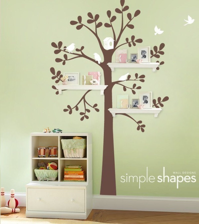Wall Decals Baby Nursery Decor: Shelving Tree Decal with Birds Original Wall Decal Scheme C