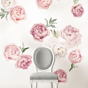 Peony Flowers Wall Sticker, Mixed Pink Watercolor Peony Wall Stickers Peel and Stick Removable Stickers LARGE SET image 4