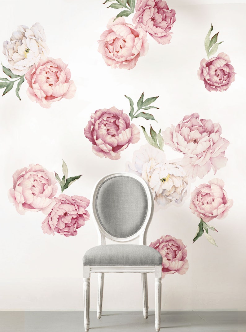 Peony Flowers Wall Sticker, Mixed Pink Watercolor Peony Wall Stickers Peel and Stick Removable Stickers LARGE SET image 4