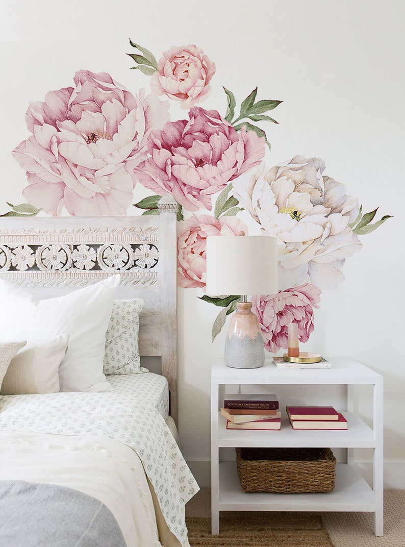 Peony Flowers Wall Sticker, Mixed Pink Watercolor Peony Wall Stickers Peel and Stick Removable Stickers image 2