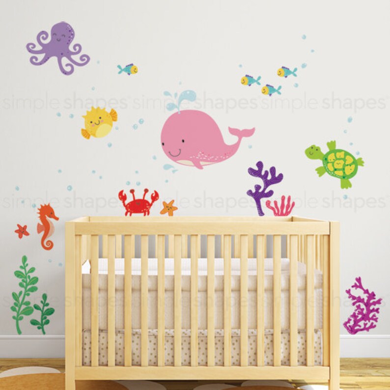 Under the Sea Decal, Under the Sea Nursery, Ocean Friends Nursery Wall Decal for a Nautical Nursery, Kids Wall Decal W1120 Pink Whale Set