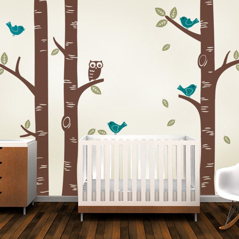 Birch Tree with Owl and Birds Decal featured on Project Nursery W1049 Scheme B