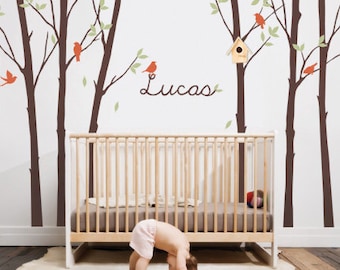 Tree Wall Decal with Leaves Birds & Personalized Name