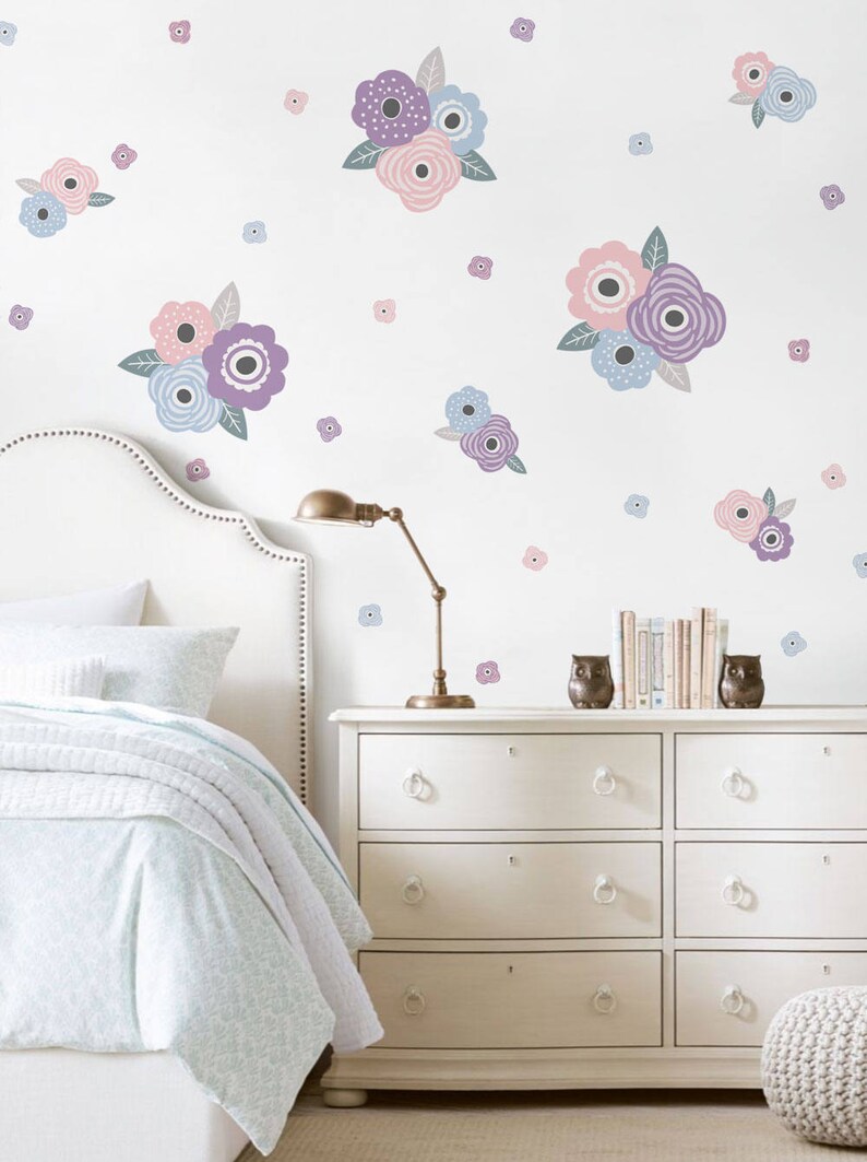 Kids Flower Wall Sticker Pastel Blue And Lilac Blooms Wall Stickers Peel And Stick Wall Stickers Kids Room Decor