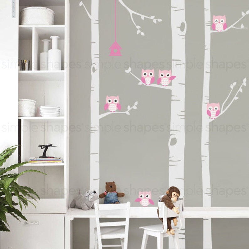 Birch Tree Wall Decal, Birch Tree With Owls Wall Sticker Set, Birch Tree Decal, Baby Nursery Wall Stickers W1118 Scheme B