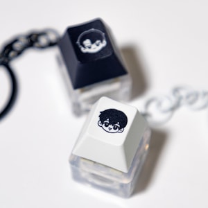 Puede incluir: Dos llaveros con teclas de teclado, cada uno con un diseño de personaje de dibujos animados. Una tecla es negra con un gráfico blanco, la otra es blanca con un gráfico negro. Ambos están unidos a llaveros con anillos metálicos.