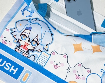 Pode incluir: Bolsa tote branca e azul com ilustrações de cães de desenho animado e um personagem semelhante a um cão. A bolsa tem alças azuis e fecho de correr. Um smartphone azul está dentro.