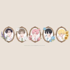 May include: A digital illustration featuring five anime-style portraits in ornate oval frames. Each character wears a white collared shirt and tie, adorned with flowers including lavender, lilies, roses, hydrangeas, and sunflowers. Text reads TAMON'S B-SIDE | ILLUSTRATION @ SHIYEVT | DO NOT REUPLOAD.