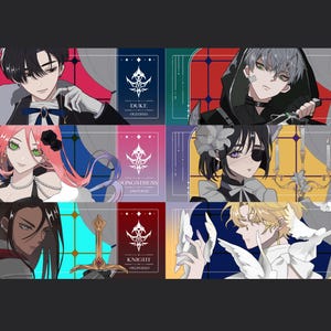 Könnte beinhalten: Sechs Illustrationen von Charakteren im Anime-Stil, jeweils mit unterschiedlichen Merkmalen und Kleidung. Die Charaktere sind vor roten, blauen und grünen Hintergründen platziert. Textbeschriftungen identifizieren jeden Charakter als Duke, Assassin, Songstress, Maid, Knight und Prince.