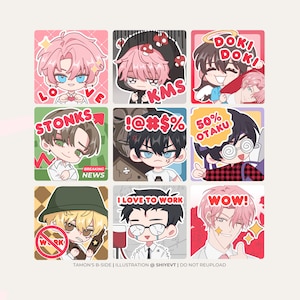 May include: A grid of nine square anime-style character stickers featuring various expressions and text including LOVE, KMS, DOKI DOKI, STONKS, BREAKING NEWS, !@#$%, 50% OTAKU, NO WORK, I LOVE TO WORK, and WOW. The characters have diverse hair colors and outfits.