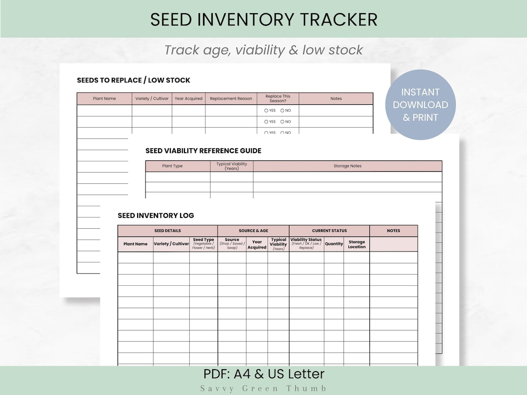 Seed Inventory Tracker | Viability & Replacement Log (PDF A4/US Letter ...
