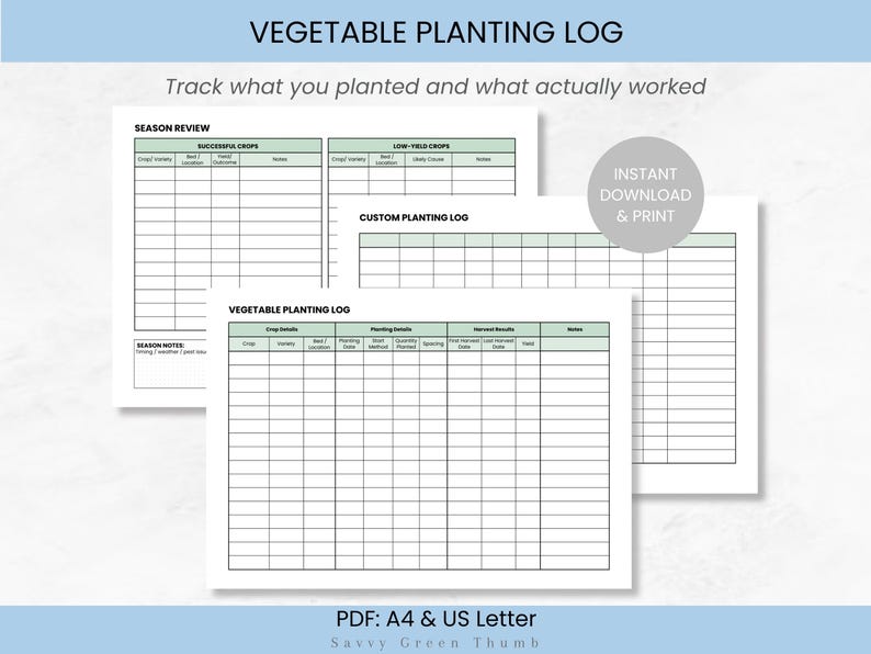 Vegetable Log Example Vegetable Planting Log | Harvest Tracker Printable (PDF A4/US Letter ...