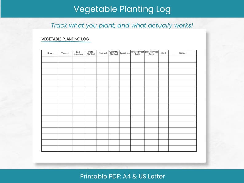 Vegetable Log Example Vegetable Garden Planting Log | Harvest Tracker (printable PDF A4/US ...