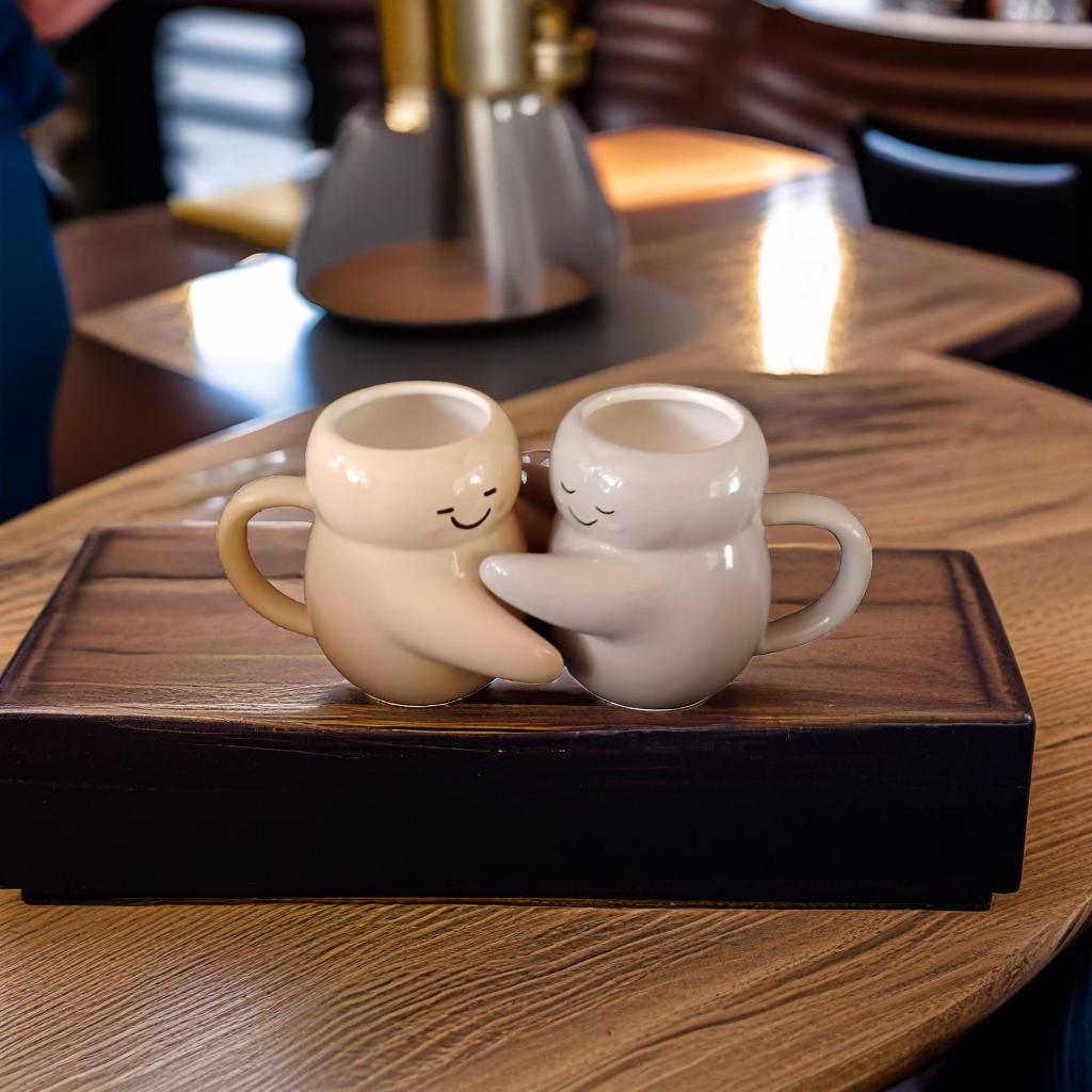 Pair Mainstays 16 Oz Cream and Gray Sculpted Hug Earthenware Mugs