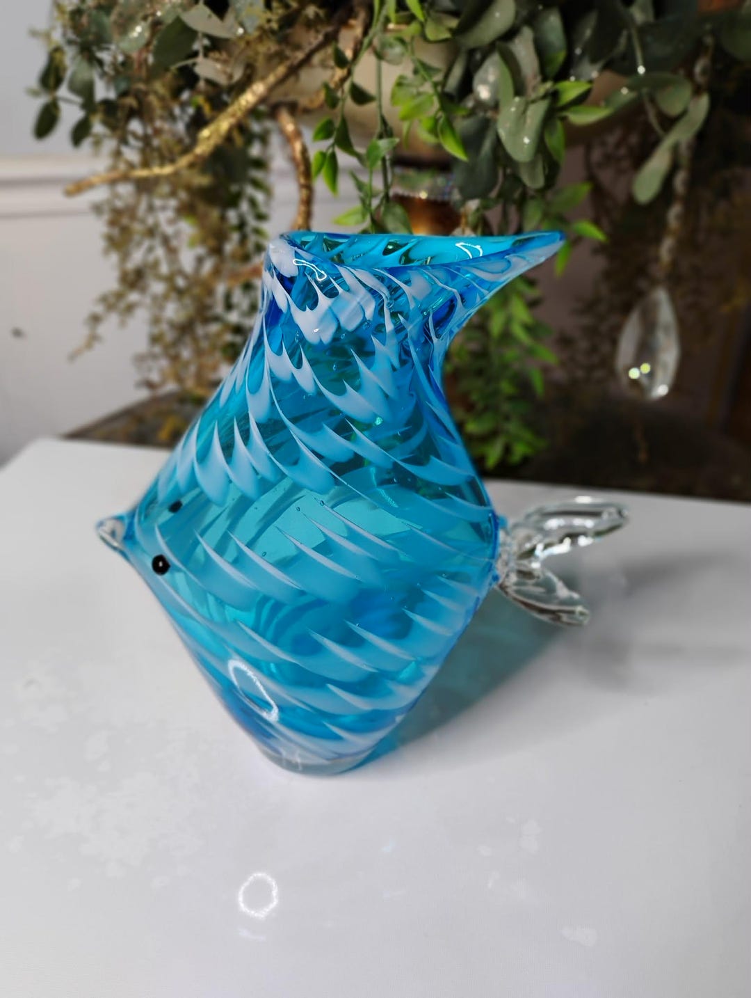 Blue Swirl Art Glass Fish Vase 9" X 8" Hand Blown - Like NEW - Etsy