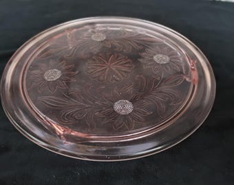 Vintage Jeannette Sunflower Pink Glass Cake Plate, 1930s Floral Design - Like New - 1.25"H x 10"W