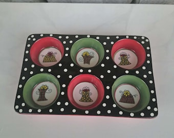 Pier One Polka Dot Cupcake Ceramic Pan 11.5" x 7.5"