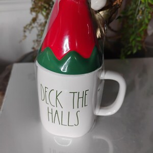 Rae Dunn Deck The Halls Mug With Elf Hat Top - Like NEW