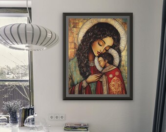 May include: A framed painting depicting a mother and child. The mother is wearing a blue robe and has dark hair. The child is wearing a red robe and is asleep in the mother's arms.