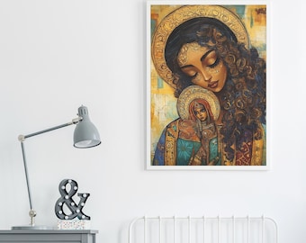 May include: A painting depicting a woman with dark brown hair and a gold halo, holding a child with a gold halo. The woman is wearing a blue and gold robe, and the child is wearing a red and gold robe. The background is a mixture of gold, blue, and white.